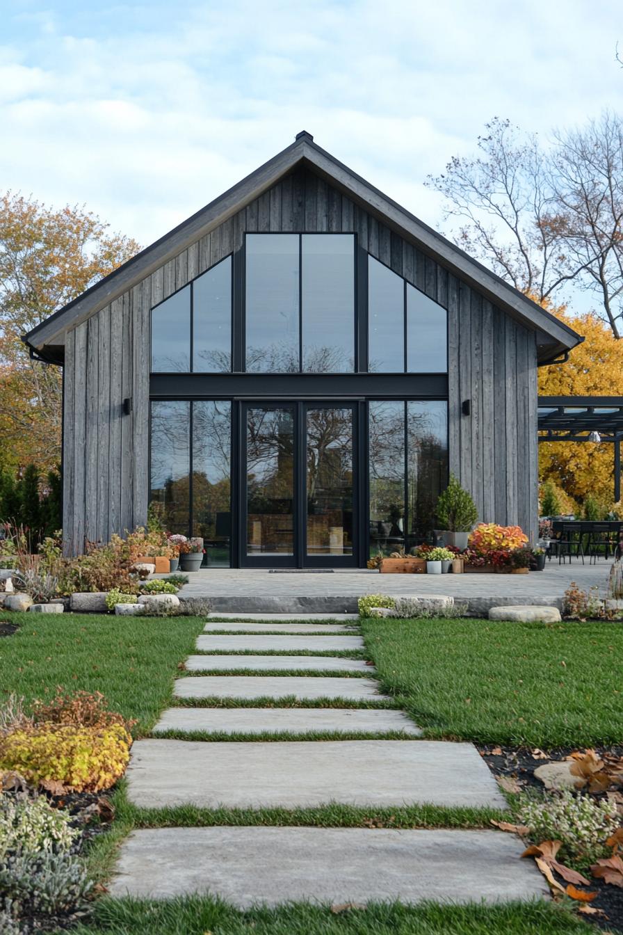 Modern barn house with large glass windows and greenery