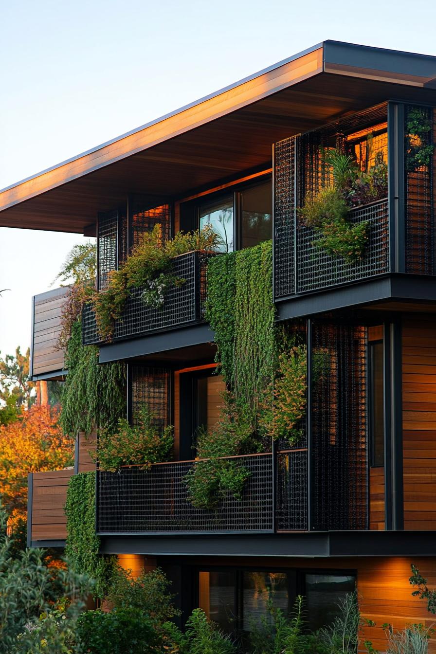 Wooden building facade with lush greenery