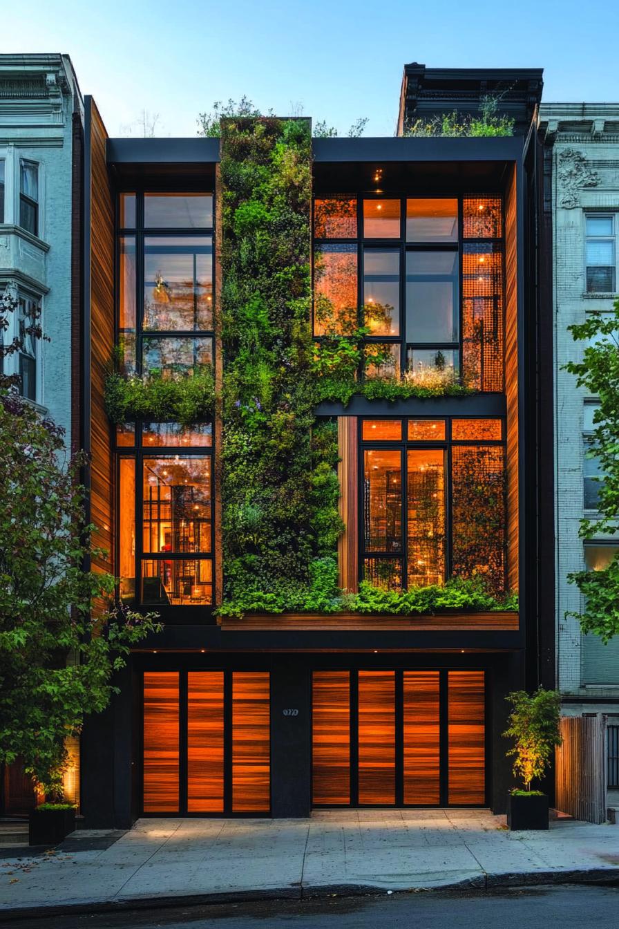 Modern facade with lush vertical greenery and warm lighting