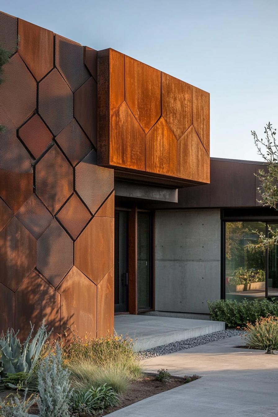 modern house geometric facade with rusted metal hexagon pattern mesh wall