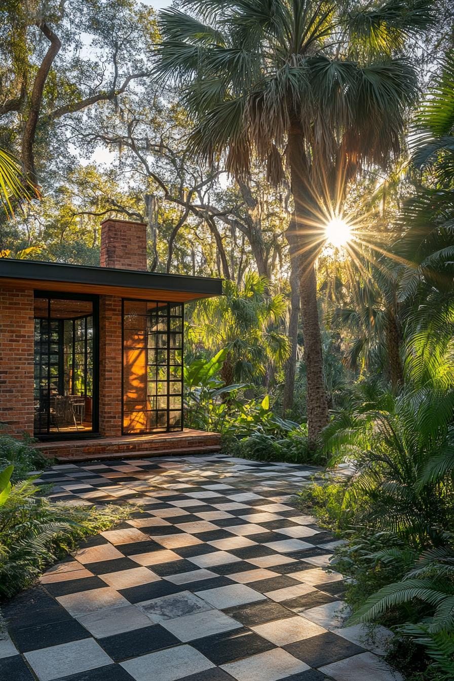 Sunlit brick house with checkerboard patio amidst lush greenery