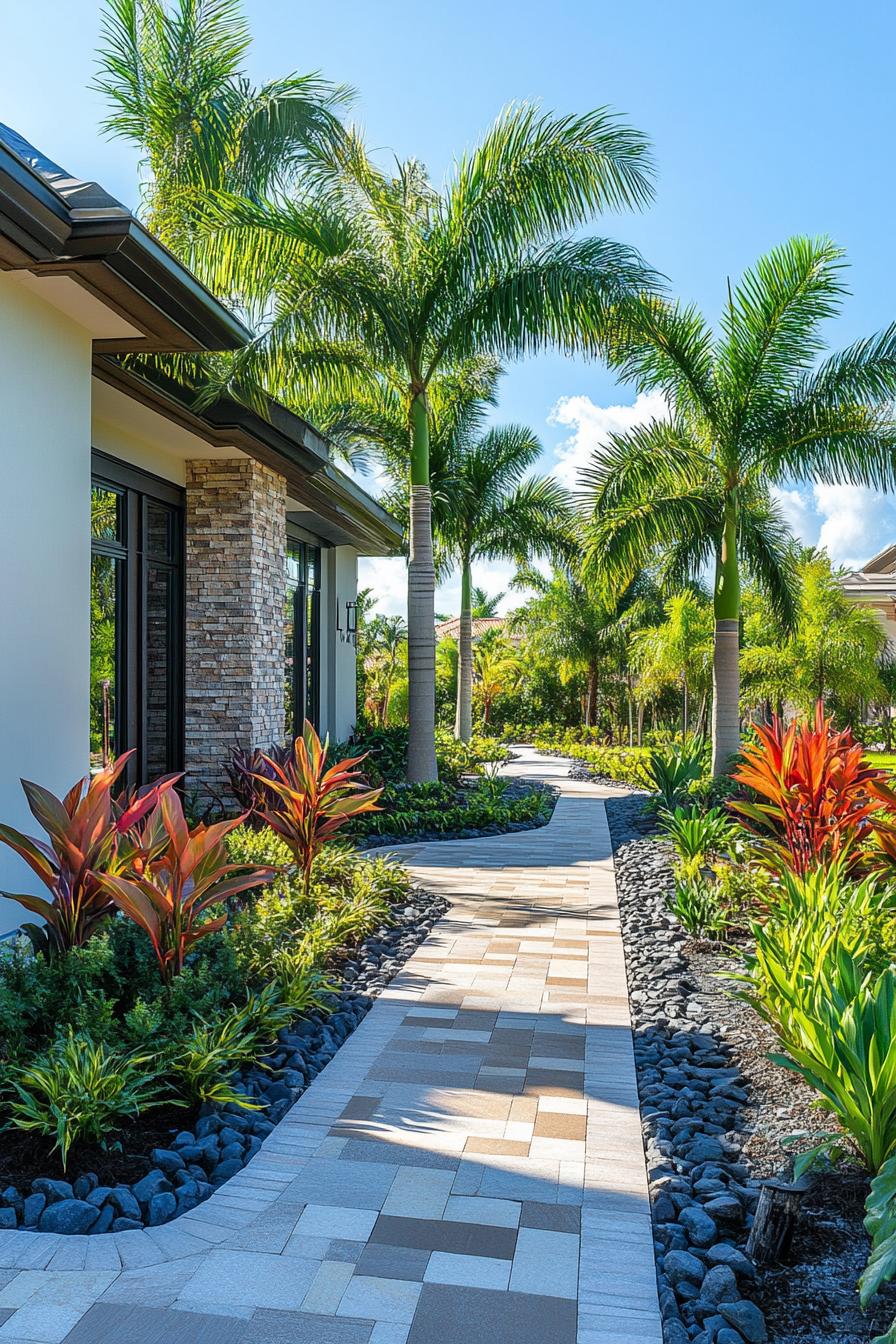 Pathway Leading to a Brick Facade House Surrounded by Palm Trees