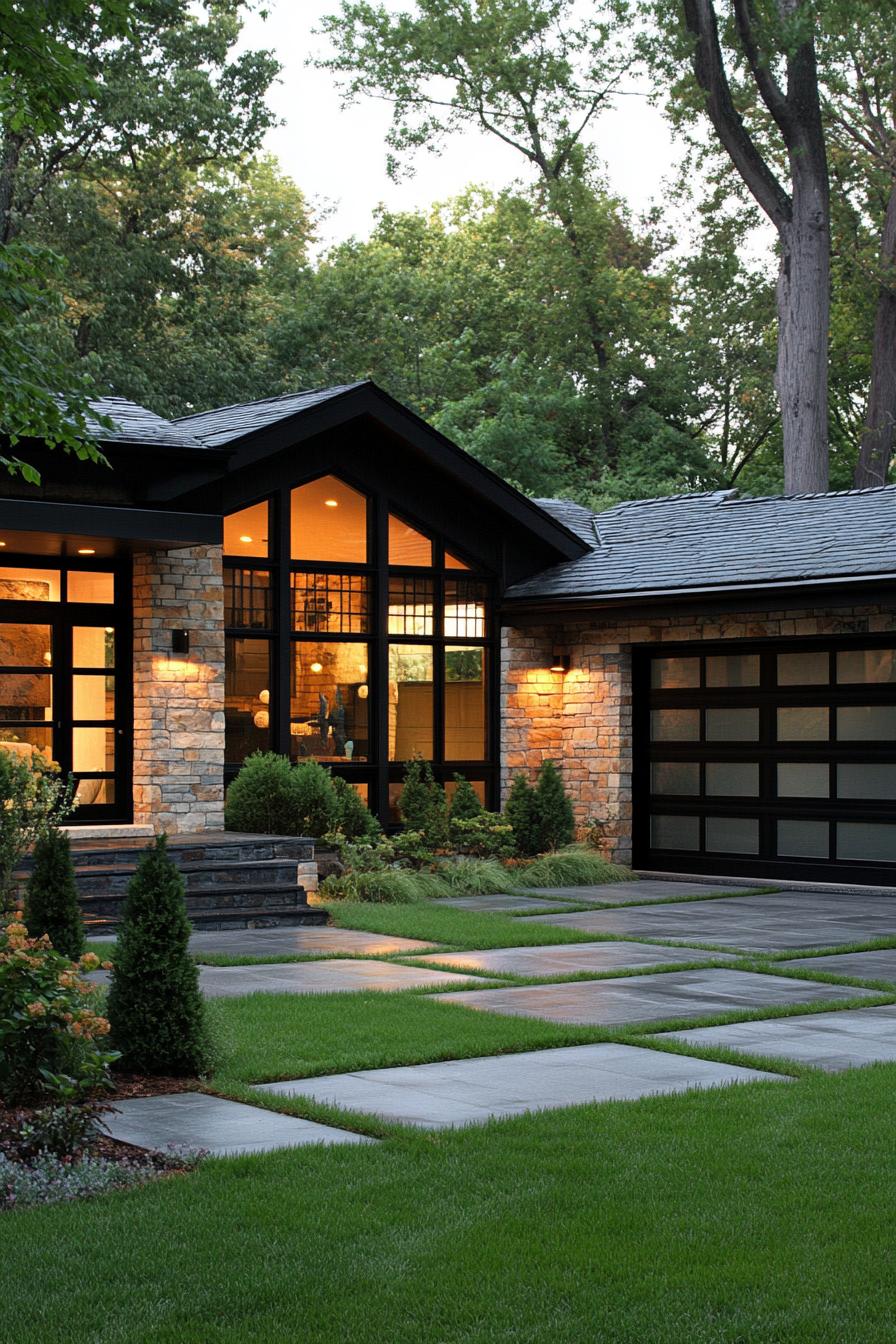 A charming one-story house with large windows and lush surroundings