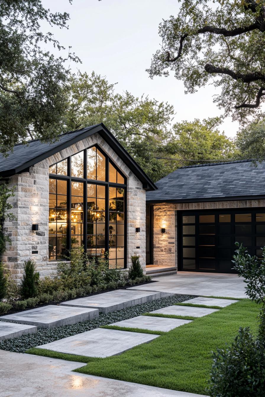 Single-story house with large windows and a stone facade