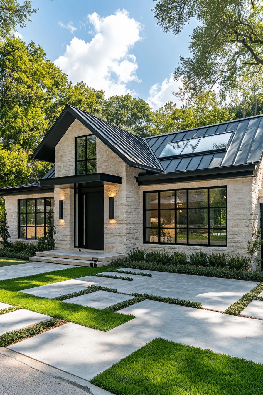 Modern one-story house with sleek black roof and large windows