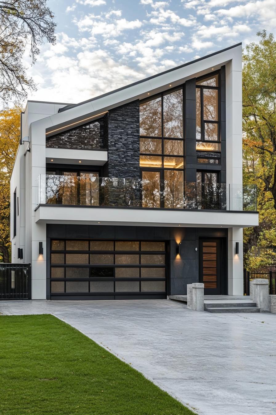 modern villa design with geometric facade white siding with black slate accents large balcony with glass railings garage underneath concrete 1