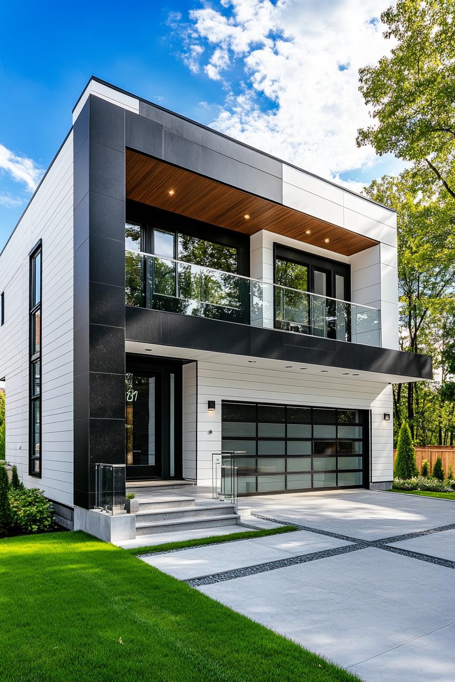 modern villa design with geometric facade white siding with black slate accents large balcony with glass railings garage underneath concrete 2