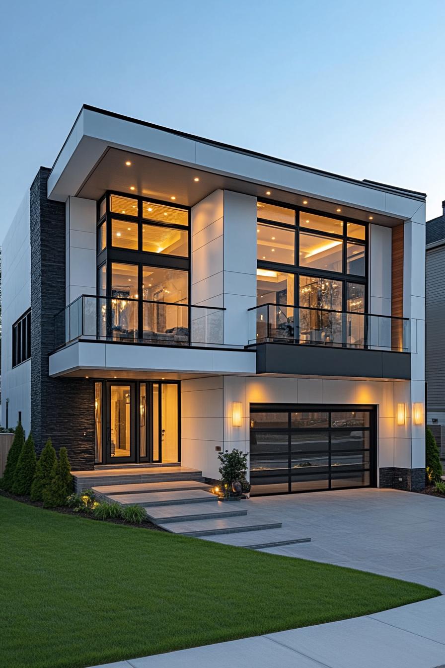 modern villa design with geometric facade white siding with black slate accents large balcony with glass railings garage underneath concrete 3