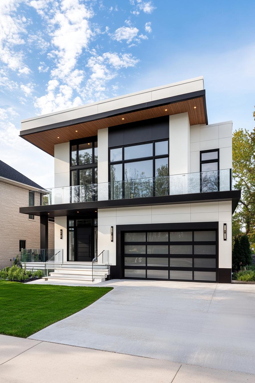 modern villa design with geometric facade white siding with black slate accents large balcony with glass railings garage underneath concrete