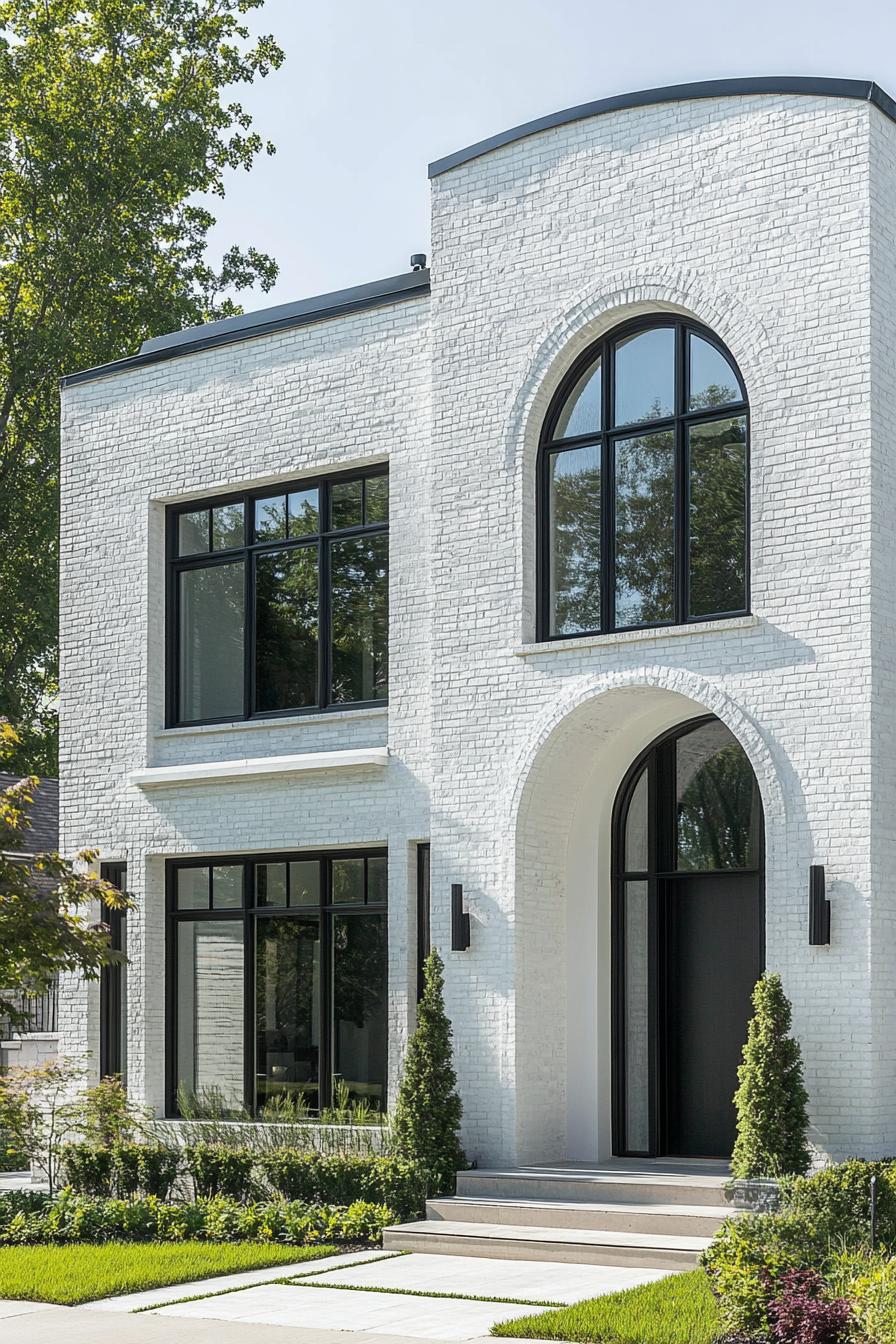 modern white brick townhouse with arched front door way modern windows in white trim 1