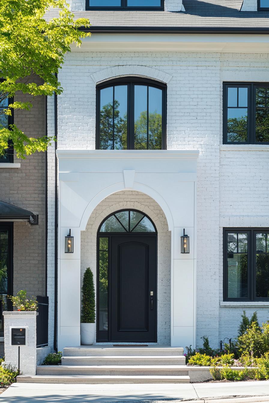 modern white brick townhouse with arched front door way modern windows in white trim 2