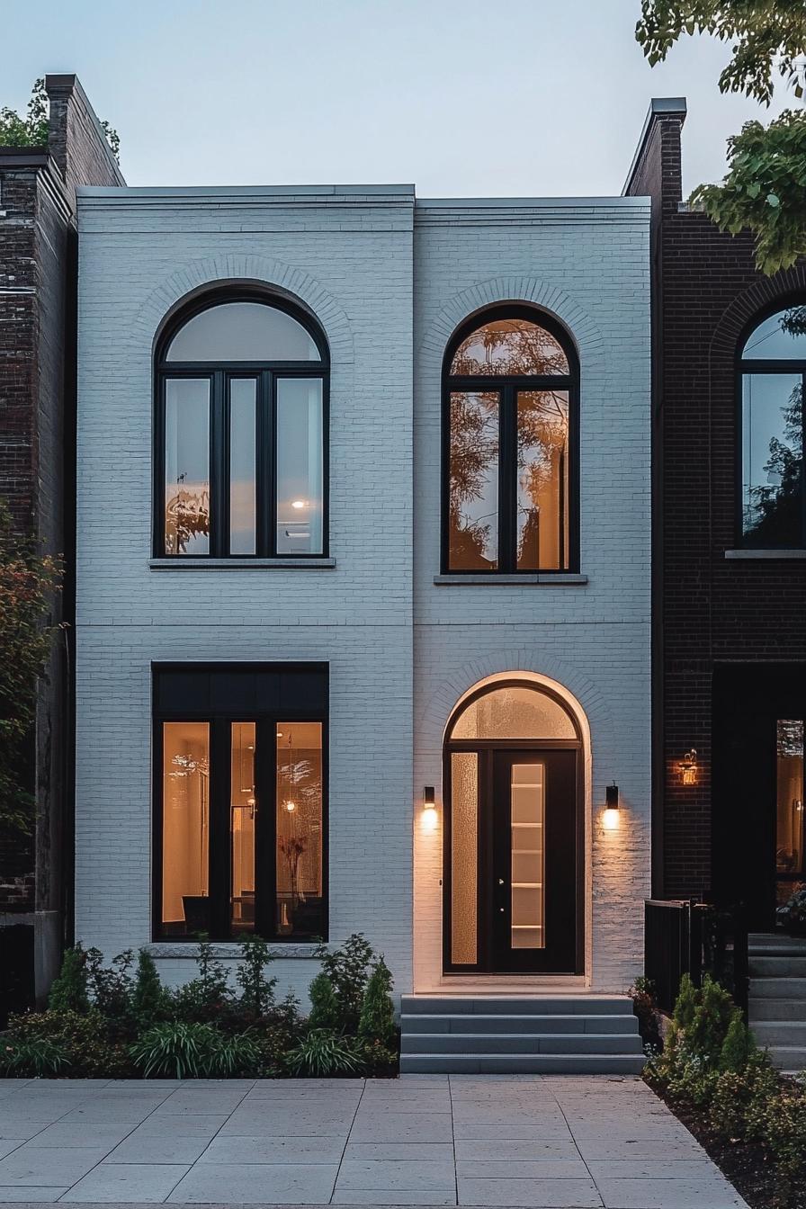 modern white brick townhouse with arched front door way modern windows in white trim 3