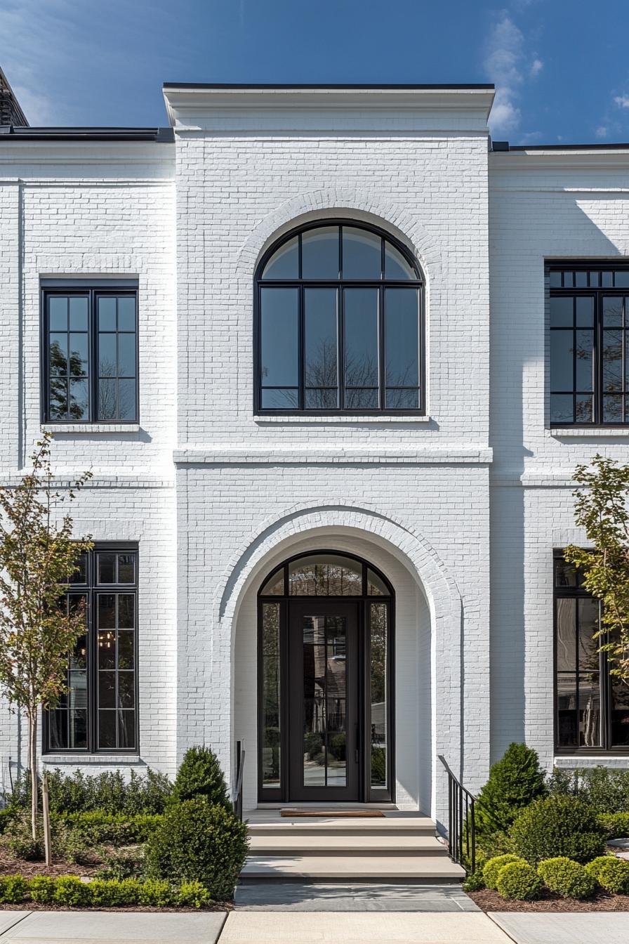 modern white brick townhouse with arched front door way modern windows in white trim