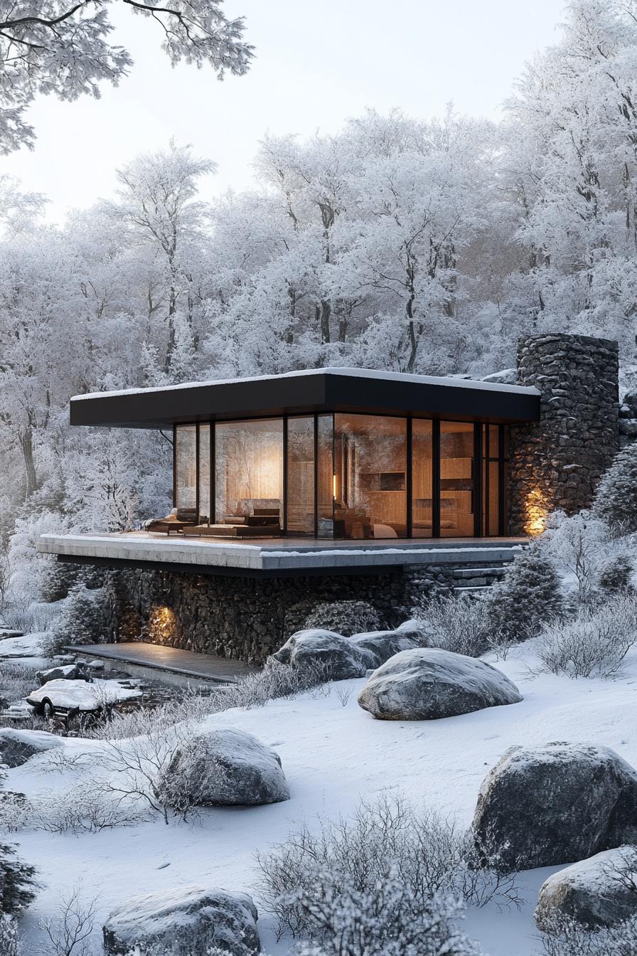 A modern cabin perched on a stone foundation amidst a snowy forest