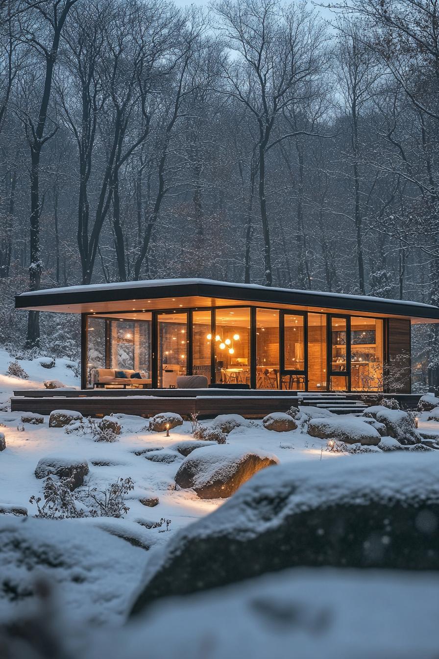 Cozy cabin with glowing lights in a snowy forest