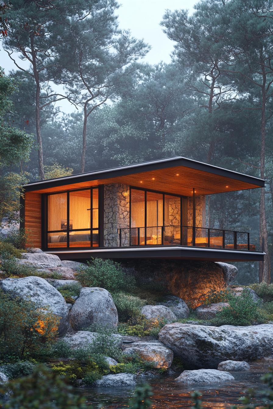 Modern cabin with glass walls on a rocky outcrop