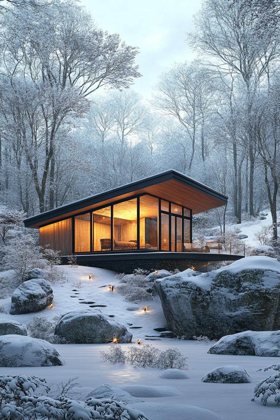 A modern glass cabin nestled in a snowy forest