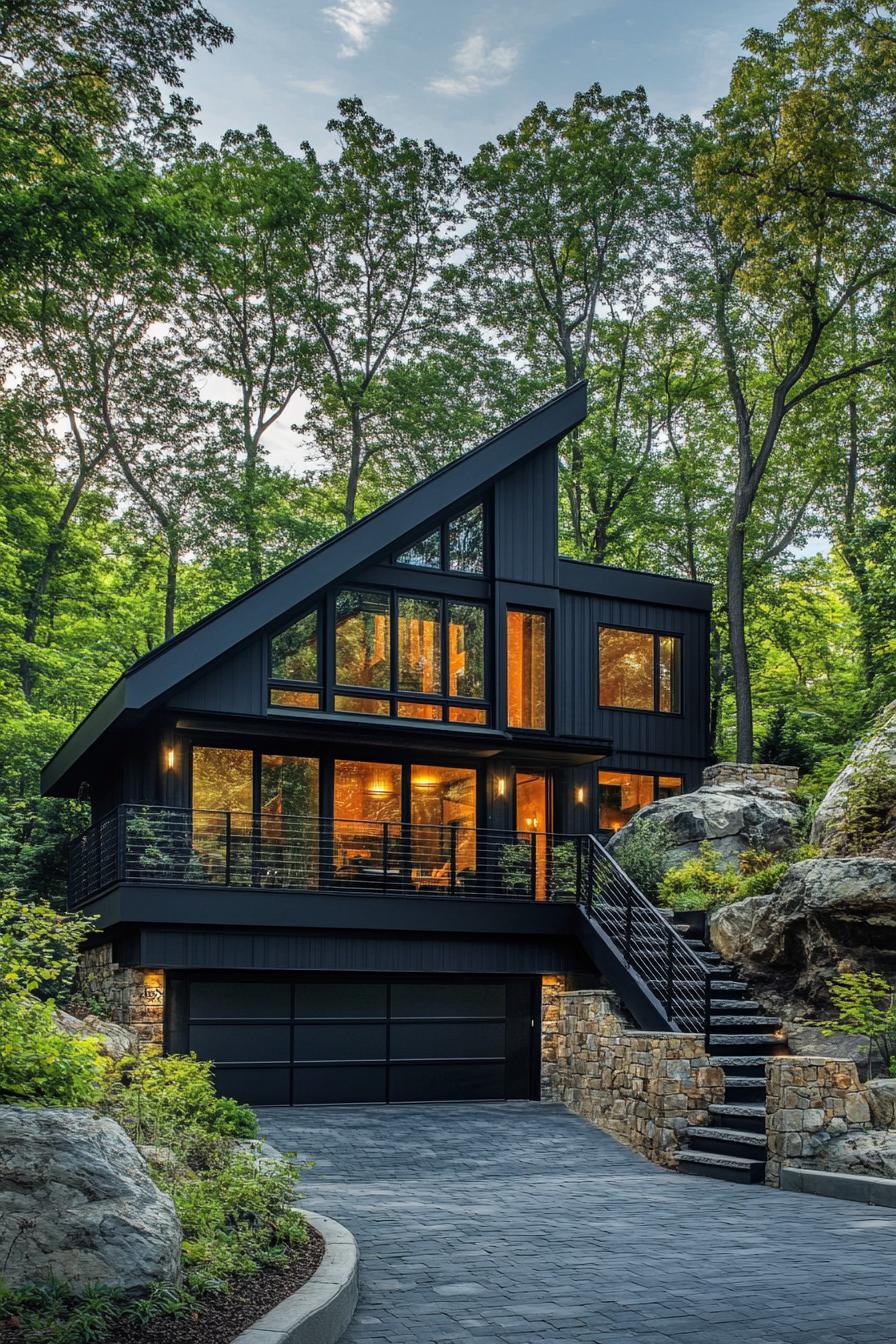 split level contemporary house in black facade and sloped roof garage and stoen paved driveway stair with rails lead to upper floor on a hillside 1