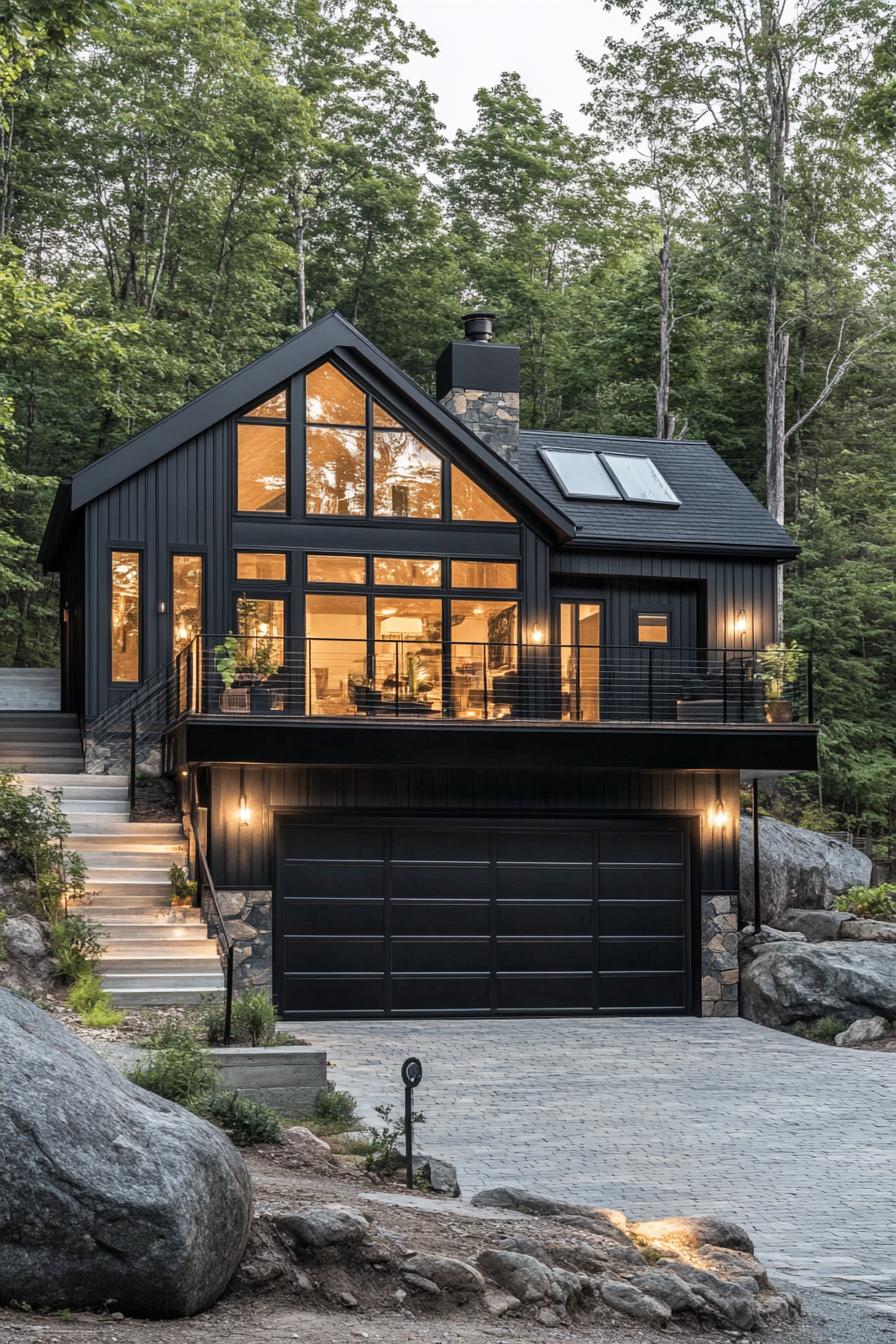 split level contemporary house in black facade and sloped roof garage and stoen paved driveway stair with rails lead to upper floor on a hillside 2