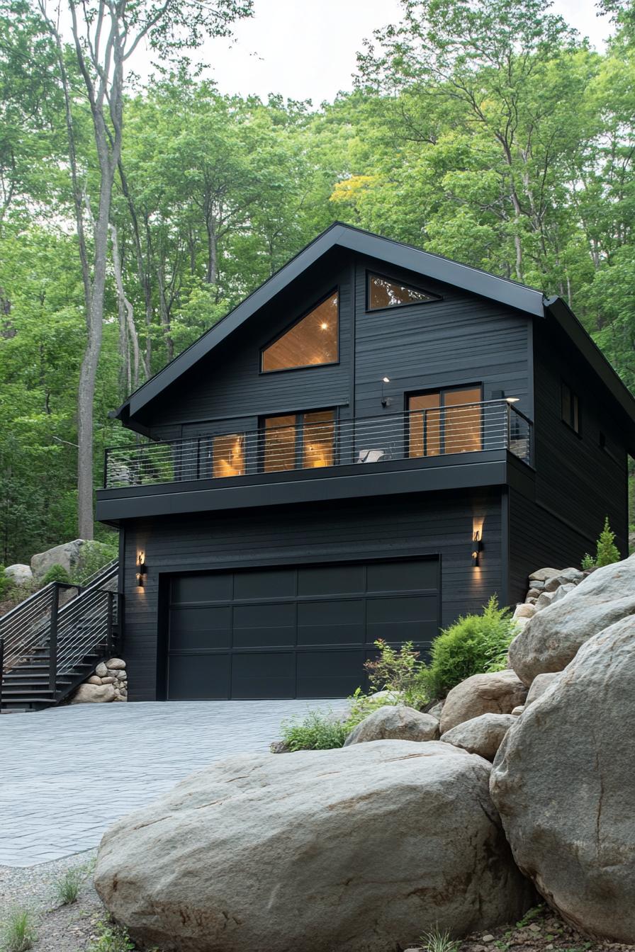 split level contemporary house in black facade and sloped roof garage and stoen paved driveway stair with rails lead to upper floor on a hillside 3