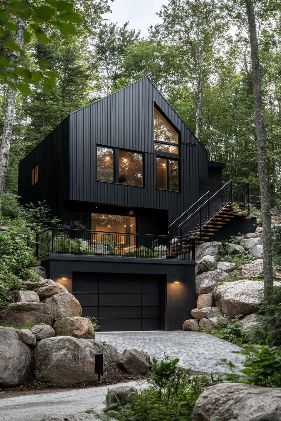 split level contemporary house in black facade and sloped roof garage and stoen paved driveway stair with rails lead to upper floor on a hillside