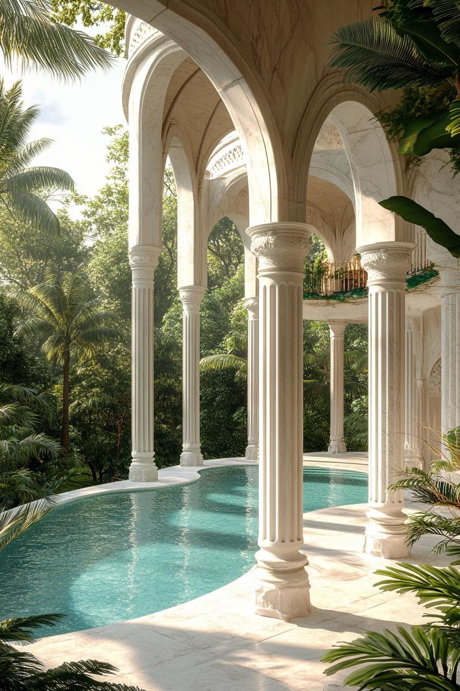 tall white marble arches and columns around a large curvy pool surrounded with lush green plants palms dreamscape architecture 1