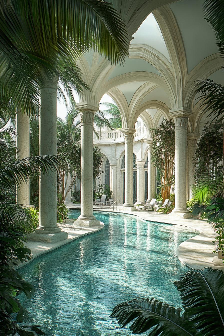 tall white marble arches and columns around a large curvy pool surrounded with lush green plants palms dreamscape architecture 2