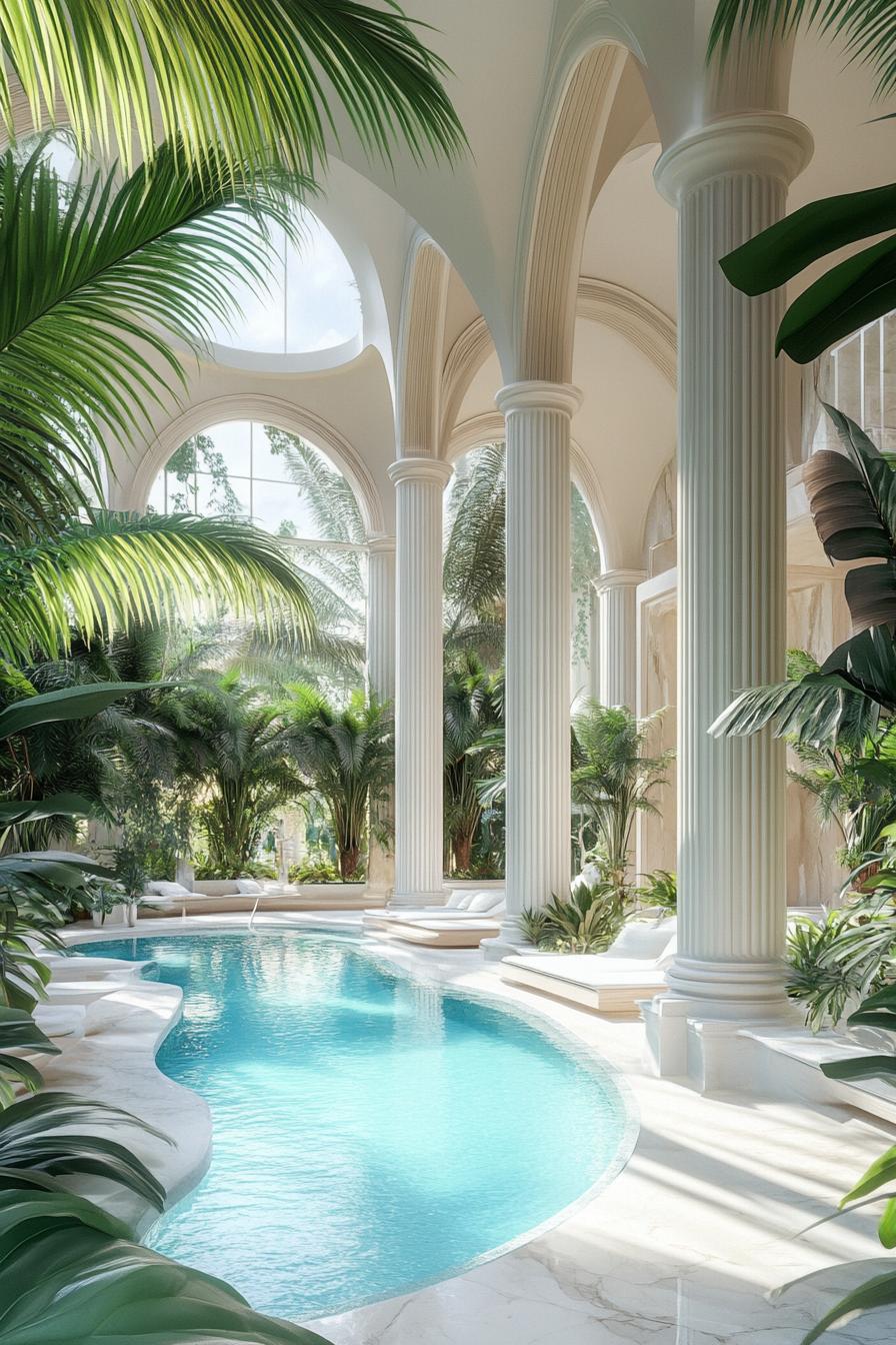 tall white marble arches and columns around a large curvy pool surrounded with lush green plants palms dreamscape architecture 3