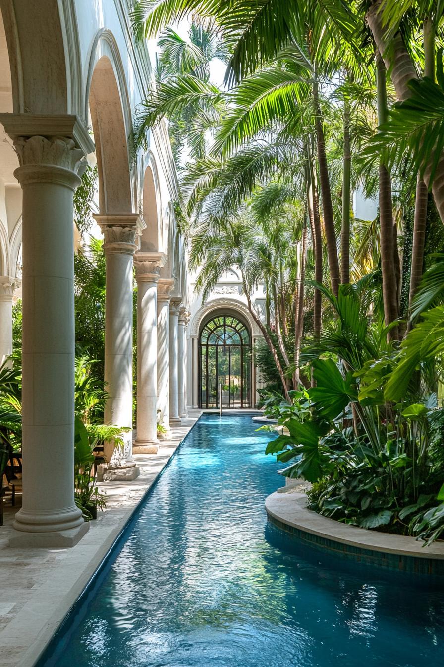 tall white marble arches and columns around a large curvy pool surrounded with lush green plants palms dreamscape architecture