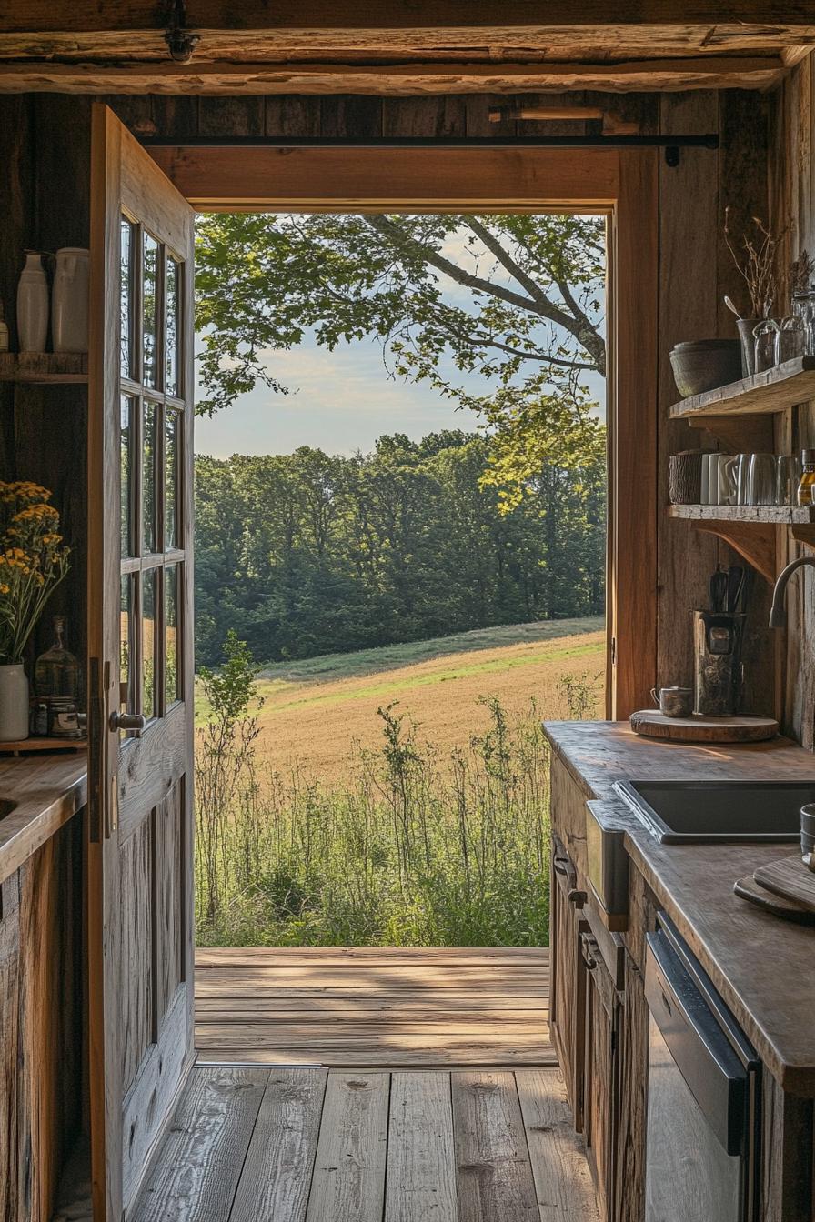 Cabin interior with wooden decor and pastoral view