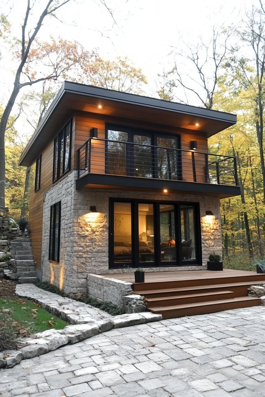 tiny modern luxury lofted house with sloped roof balcony with metal railings stone siding modern windows in black trim tiny wooden deck with 1