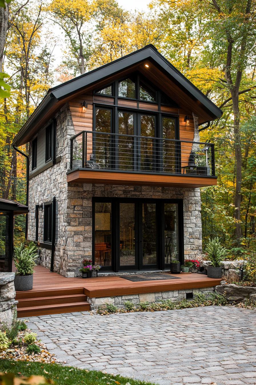 tiny modern luxury lofted house with sloped roof balcony with metal railings stone siding modern windows in black trim tiny wooden deck with