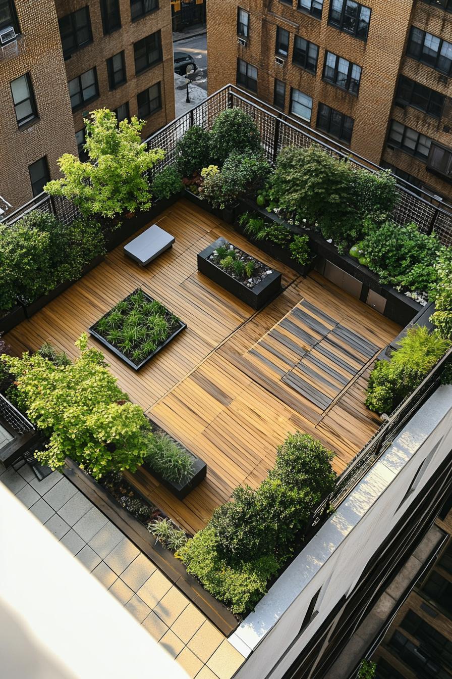 top view of rooftop terrace garden with wooden deck outdoor metal furniture garden beds with native plants 1