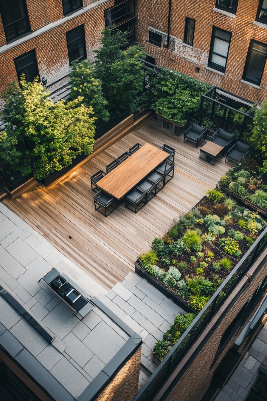 top view of rooftop terrace garden with wooden deck outdoor metal furniture garden beds with native plants