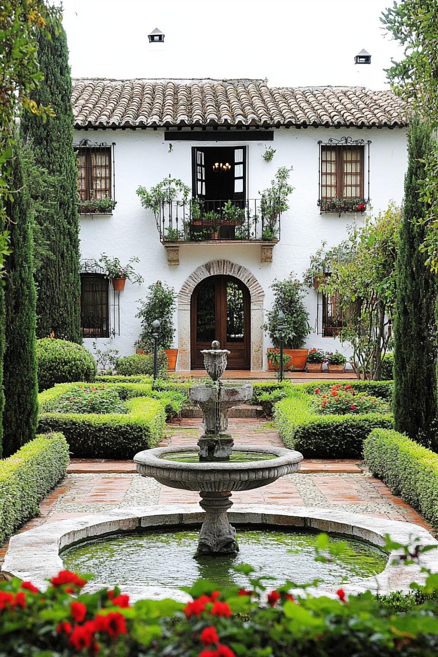 white spanish house yard garden with italian cypress shrubs and central fountain 1