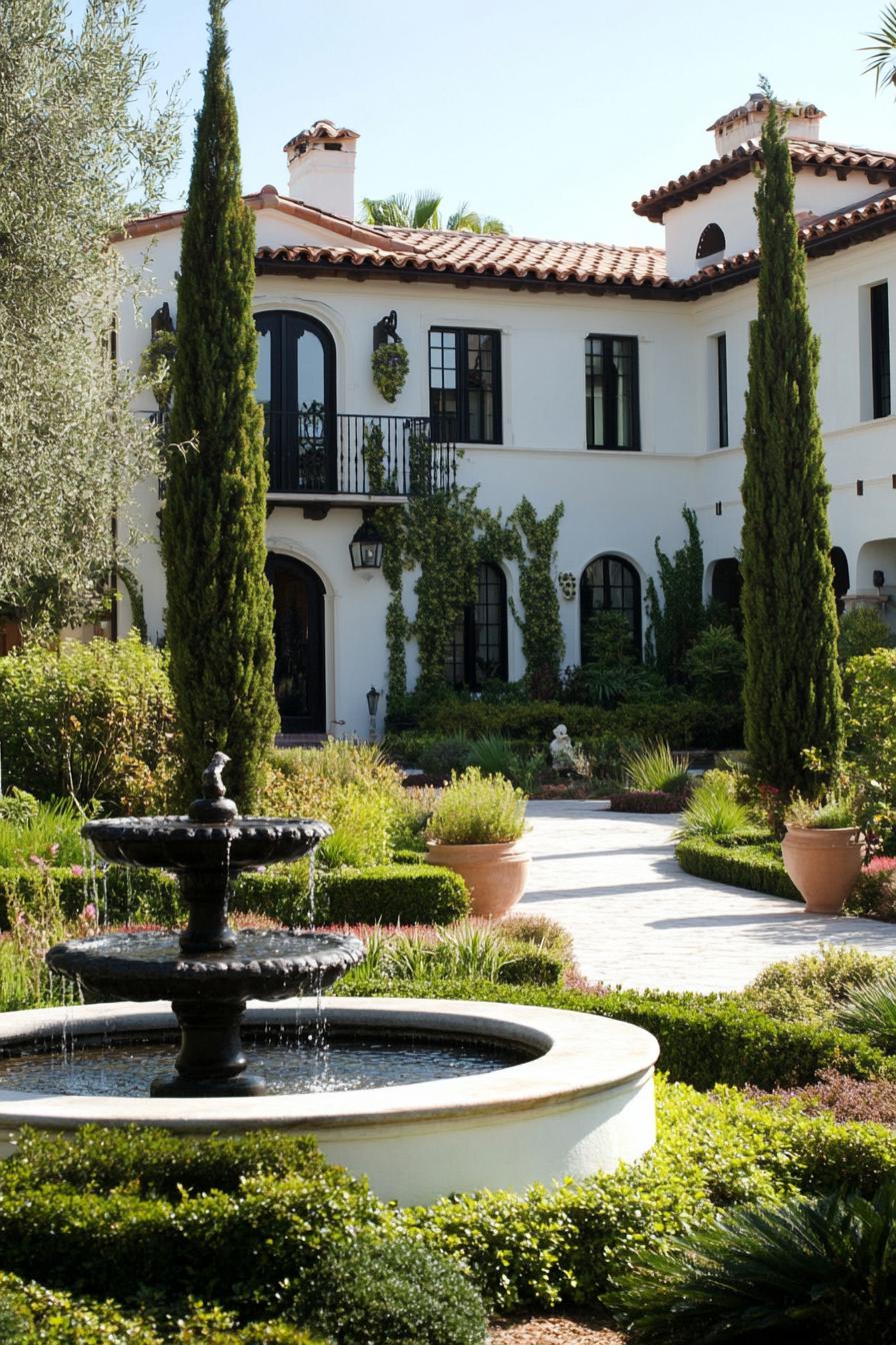 white spanish house yard garden with italian cypress shrubs and central fountain