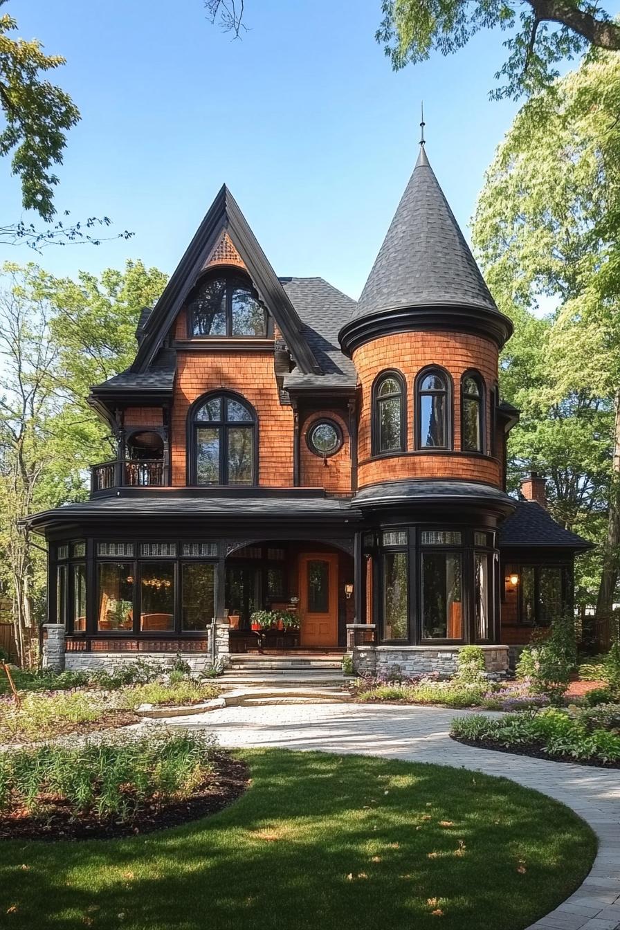 Victorian mansion with mahogany siding arched and round windows black roof tall turret bay windows front lawn landscaping 1