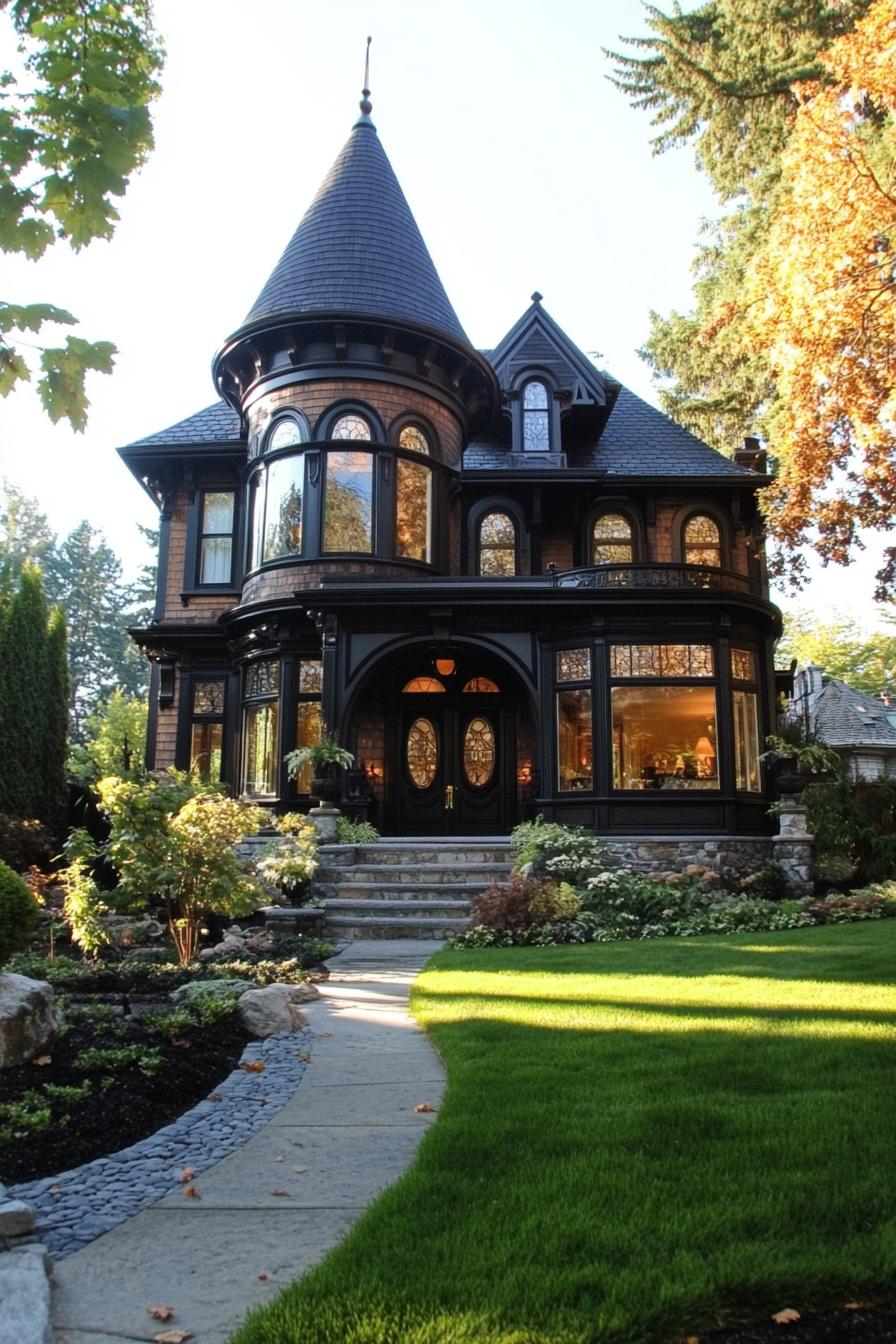 Victorian mansion with mahogany siding arched and round windows black roof tall turret bay windows front lawn landscaping 2