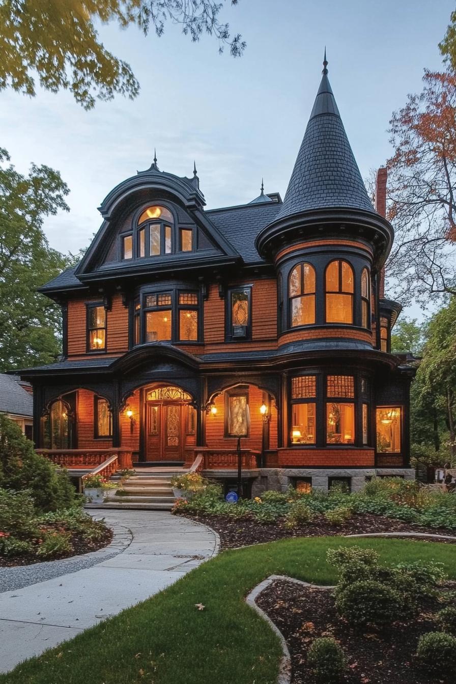 Victorian mansion with mahogany siding arched and round windows black roof tall turret bay windows front lawn landscaping 3