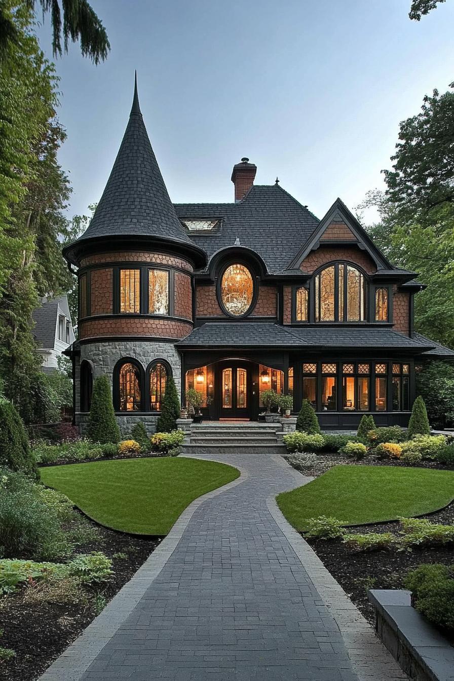 Victorian mansion with mahogany siding arched and round windows black roof tall turret bay windows front lawn landscaping