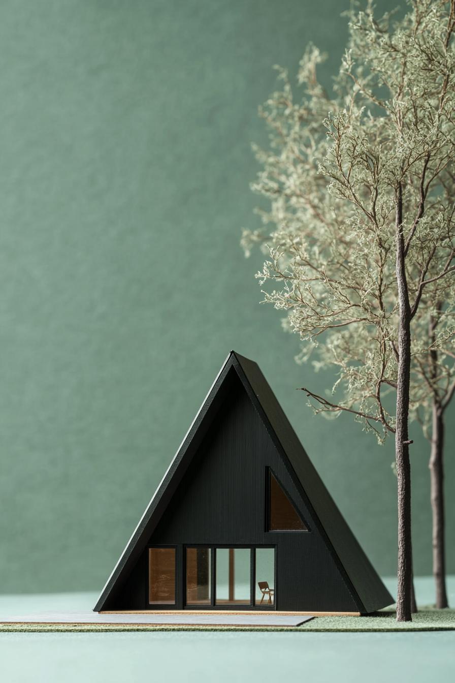 architecture model of a black A frame house in a green background 1