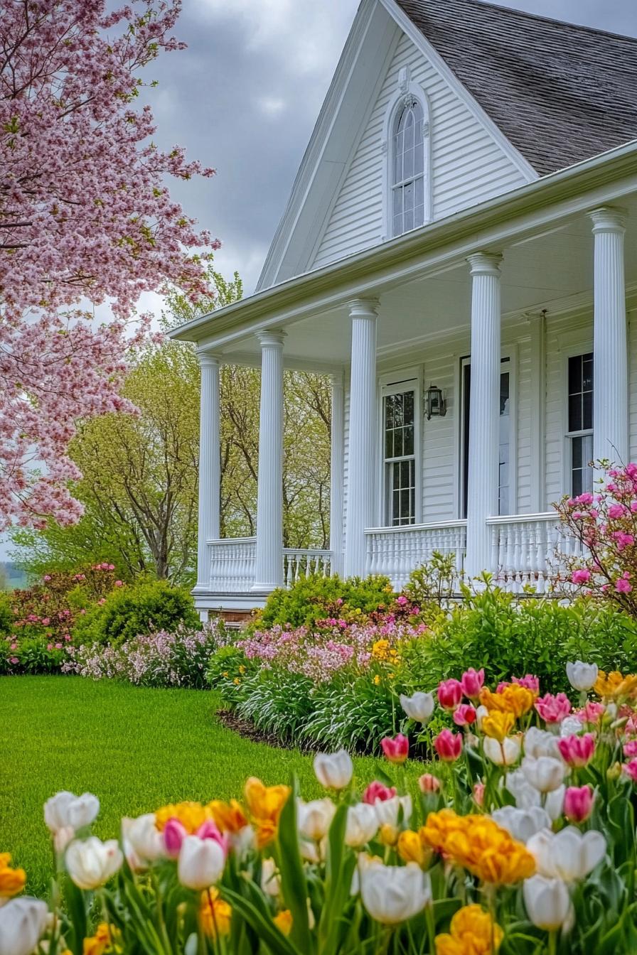 beautiful classic country side white house with a front porch with coloumns with lush front garden with blossoming flowers 1