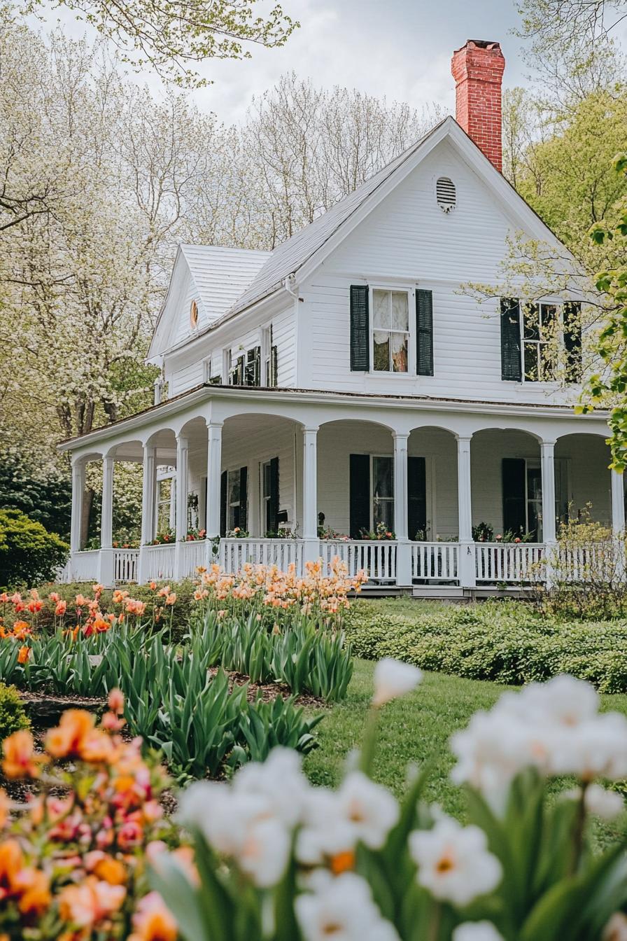 beautiful classic country side white house with a front porch with coloumns with lush front garden with blossoming flowers 2