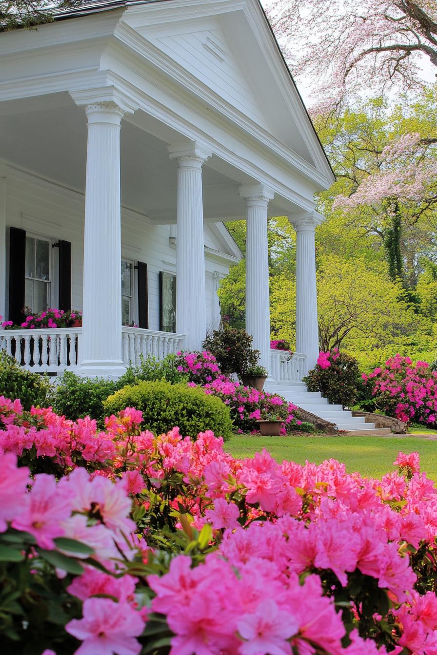 beautiful classic country side white house with a front porch with coloumns with lush front garden with blossoming flowers 3