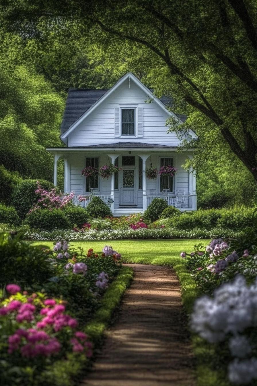 beautiful classic country side white house with a front porch with coloumns with lush front garden with blossoming flowers