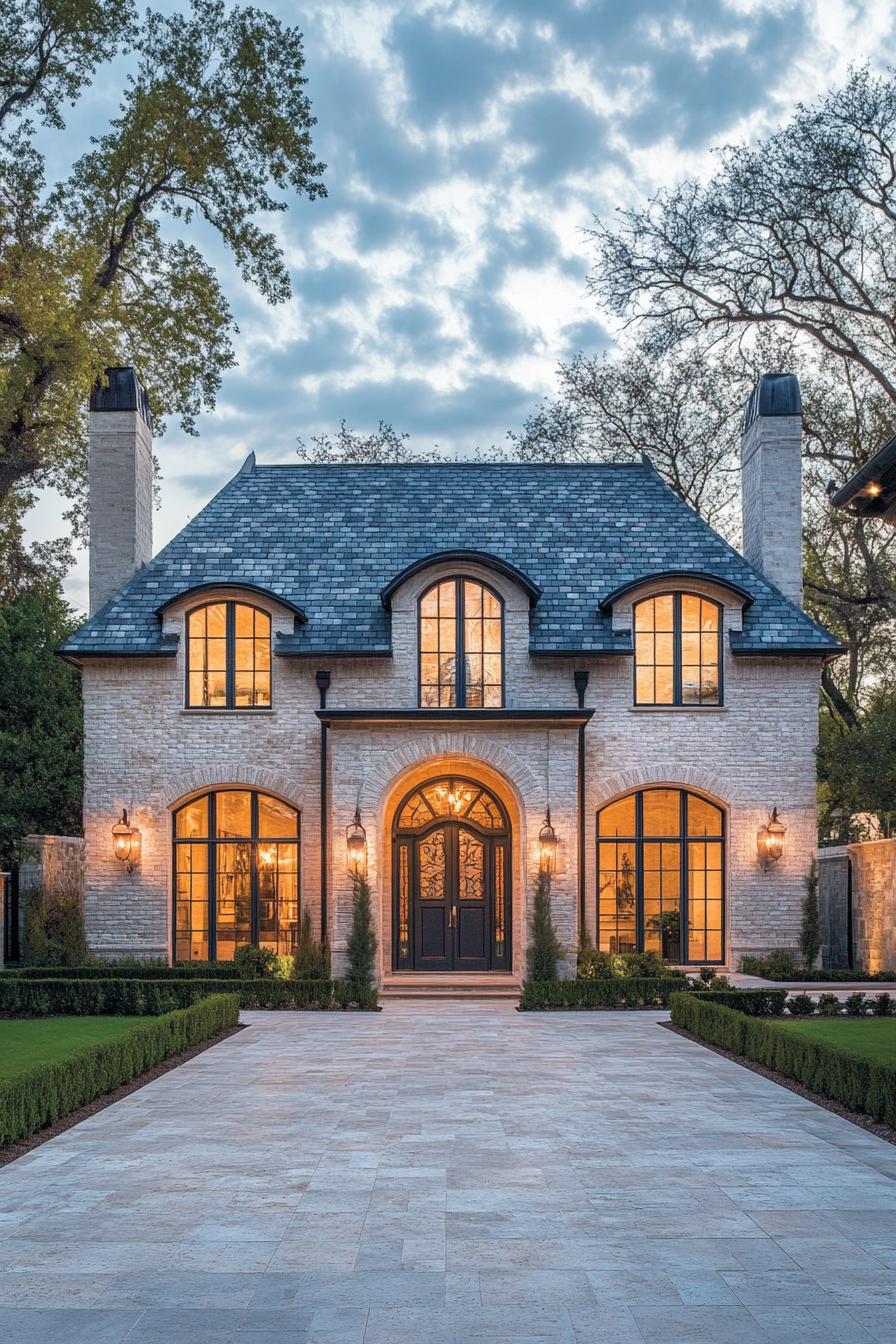 contemporary french cottage style house with multiple roof chimney limestone brick siding arched modern windows with ornate detailing arched front 1