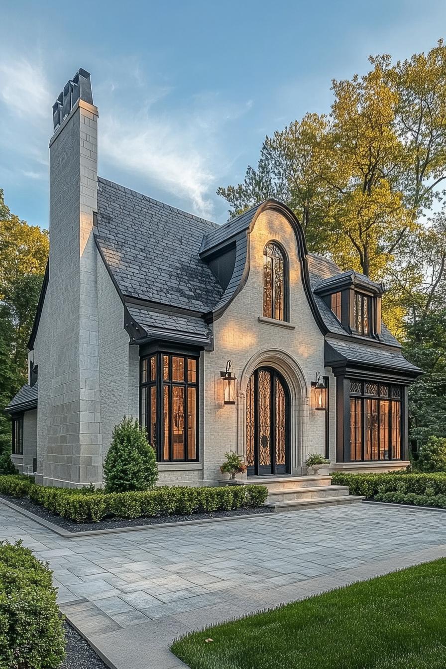 contemporary french cottage style house with multiple roof chimney limestone brick siding arched modern windows with ornate detailing arched front