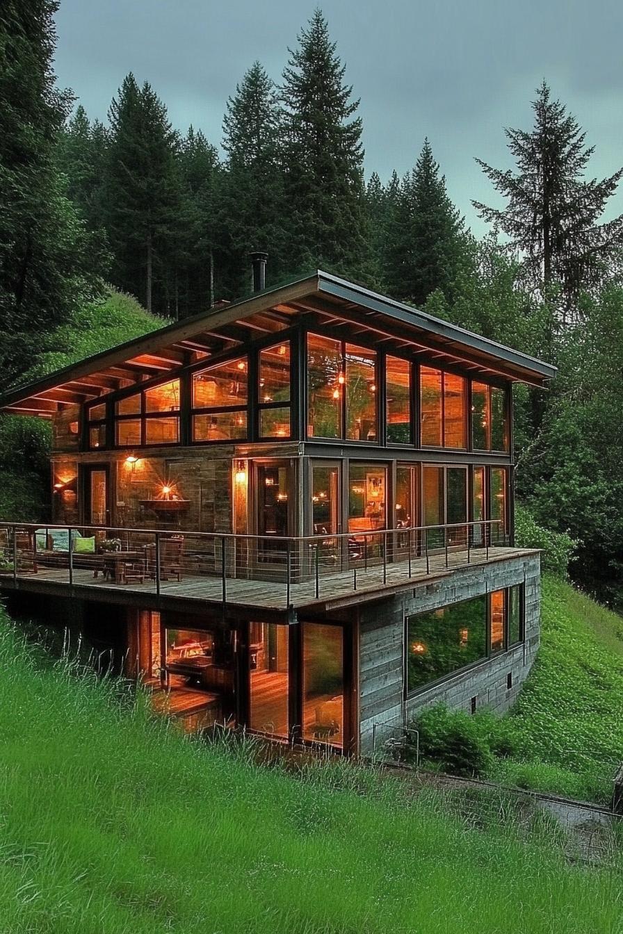 earth sheltered house built into a green hillside bank with large wooden deck large modern windows reclaimed wood siding tall pine trees in the 2