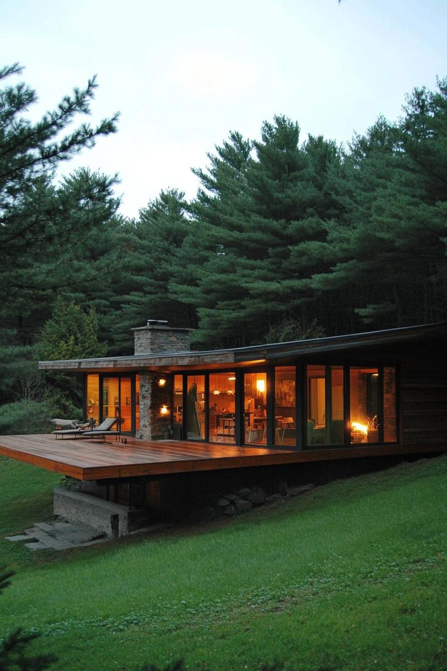 earth sheltered house built into a green hillside bank with large wooden deck large modern windows reclaimed wood siding tall pine trees in the 3