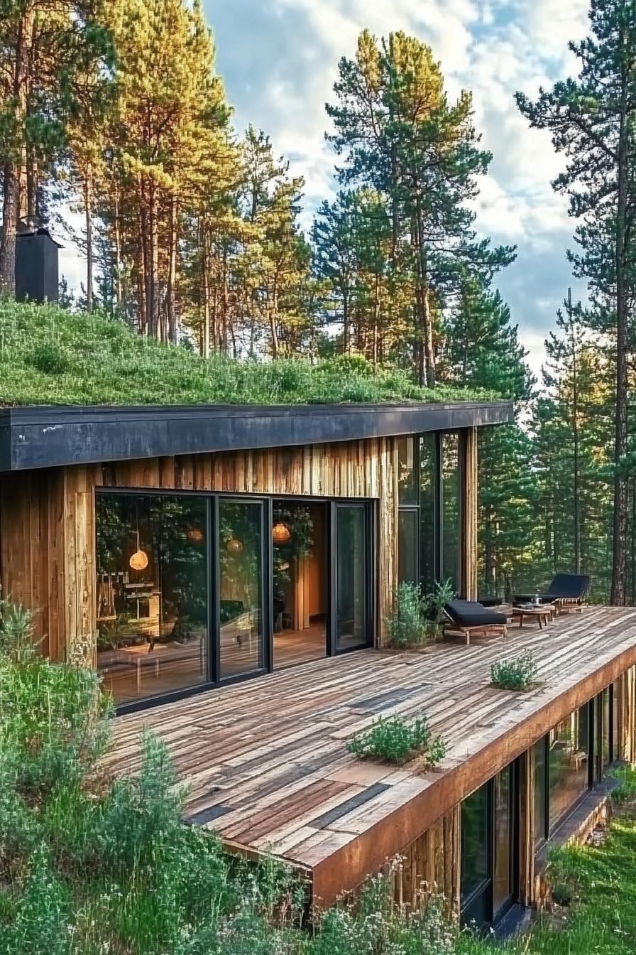 earth sheltered house built into a green hillside bank with large wooden deck large modern windows reclaimed wood siding tall pine trees in the 4